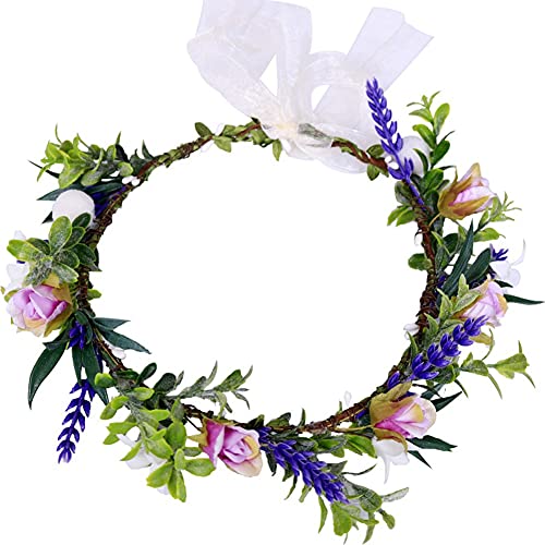HAOSHICS Couronne florale artificielle pour cheveux avec ruban pour mariage, voyage, vacances, photo (violet)