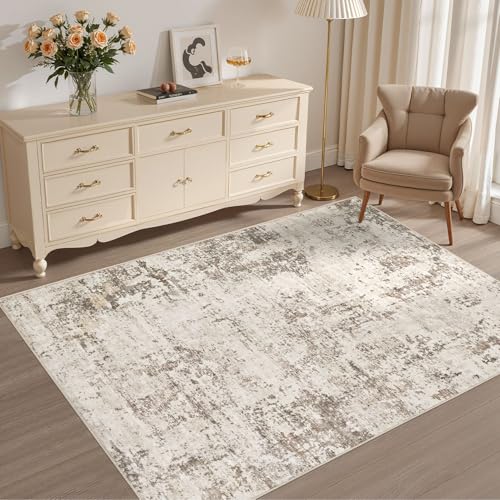 4x6 Area Rug Living Room Rugs - Washable Neutral Modern Abstract Soft Thin Rug Indoor Floor No Slip Rug Carpet for Bedroom Under Dining Table Home Office Decor - Dark Brown
