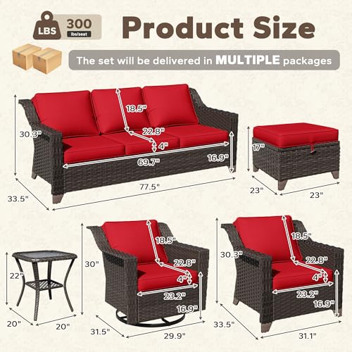 Image of 8 Piece Patio Furniture Set, Wicker Outdoor Conversation Set | Patio Chair Set with Olefin Removable Cushion, All-Weather Outdoor Couch with Deep Seat for Porch, Deck and Backyard, Red