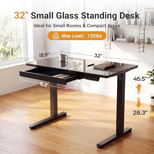 Image of YDN Glass Standing Desk with Drawer, 32 x 19 Inches Electric Adjustable Height Desk, Sit Stand Home Office Desk with Tempered Glass Top, 4 Memory Presets Ergonomic Computer Desk, Black