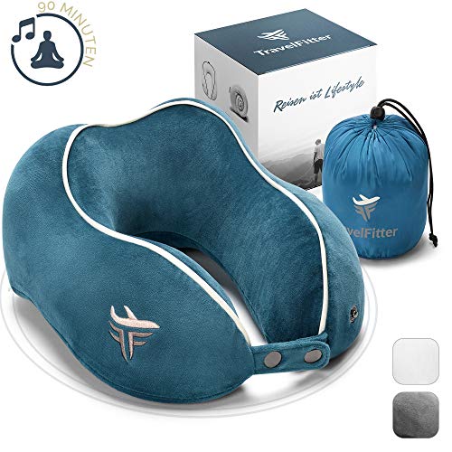 Preisvergleich Produktbild TravelFitter® Reise Nackenkissen mit intelligentem Memory Foam (inkl. entspannende Musik) Ergonomisches Reisekissen stützt Nackenhörnchen geeignet für Reisen im Auto & Flugzeug (mittel, Coral Blue)