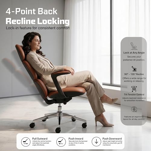 Image of DROGO Cloud Ergonomic Office Chair for Work from Home | Premium Vegan Leather with 3-Section High Backrest Cushion | Computer Chair with 4 Recline Tilt-Lock Positions & Heavy Duty Metal Base (Tan)