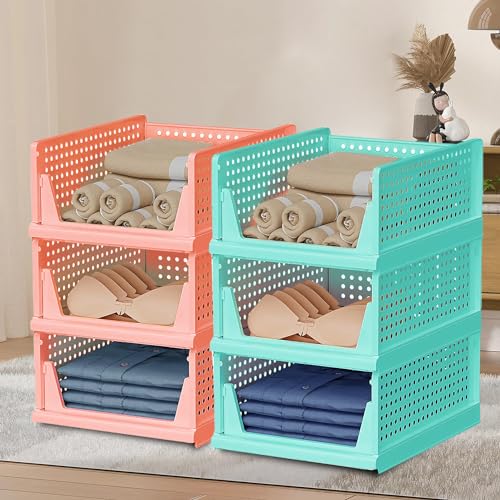 Image of Heart Home Pack of 6 Storage Organizer | Foldable Shirt Stacker Box for Almirah | Wardrobe Organizer | Cloth Organizer | Closet Storage Basket | Large | Light Pink & Pista Green