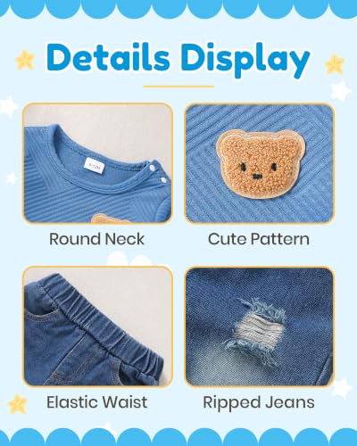 Image of NZRVAWS Toddler Baby Boy Clothes Pullover Sweater Ripped Jean Sweatsuit Little Boy Outfit Fall Winter Clothing Set 6M-7T