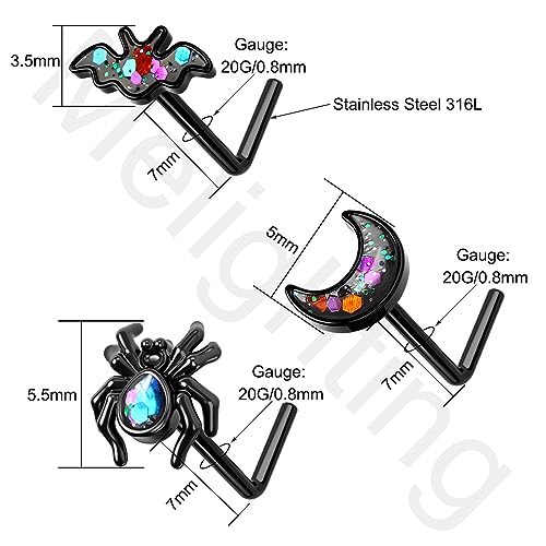 MeIighting 3PCS Black Nose Rings 20G Halloween Nose Studs Surgical Steel 316L Spider Nose Piercing Jewelry L Shaped Bat Nostril Piercing Jewerly4