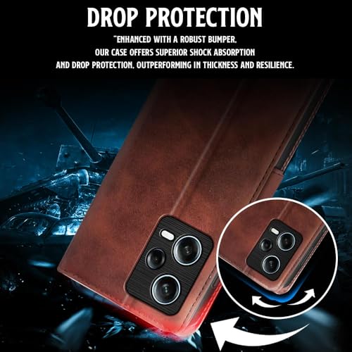 Image of WOW IMAGINE Shock Proof Flip Cover Back Case for Redmi Note 12 Pro 5G (Magnetic Button Flip Case | Wallet Pockets & Stand | Leather Finish | Coffee)
