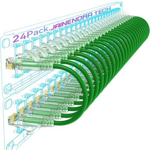 Jainendra Tech Cat6 Ethernet Patch Cable 1 ft Slim, Pure Copper, 10Gbps, 550MHz, Flexible Network Cable for Patch Panel, Space-Saving Design, Green 24 Pack
