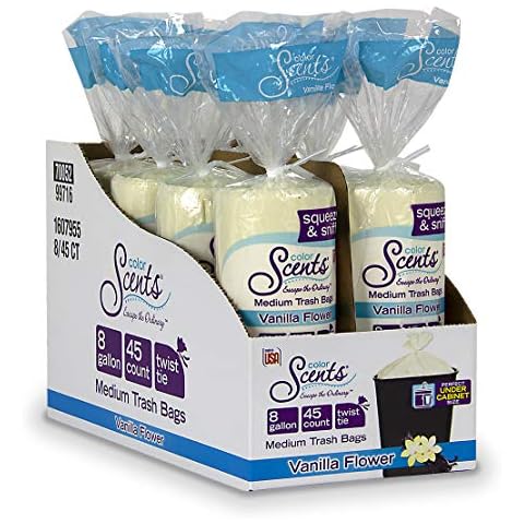 Color Scents Medium Trash Bags - 8 Gallon, 360 Total Bags (8 Packs of 45 Count), Twist Tie - Ivory bag in Vanilla Flower Scent Cover