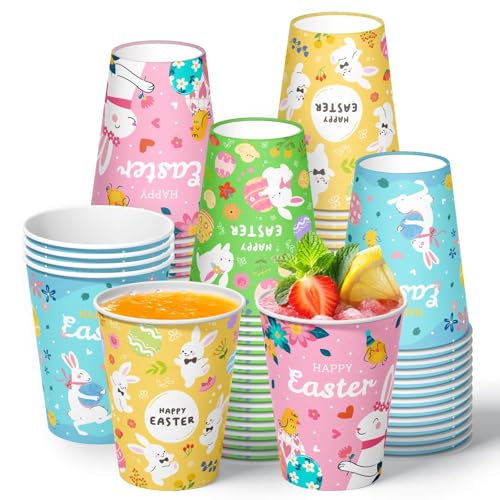 Vanulus 60Pcs 9oz Easter Paper Cups Bunny Egg Easter Disposable Cups with 4 Designs Happy Easter Party Supplies for Juice Coffee Hot Cold Beverage Drink