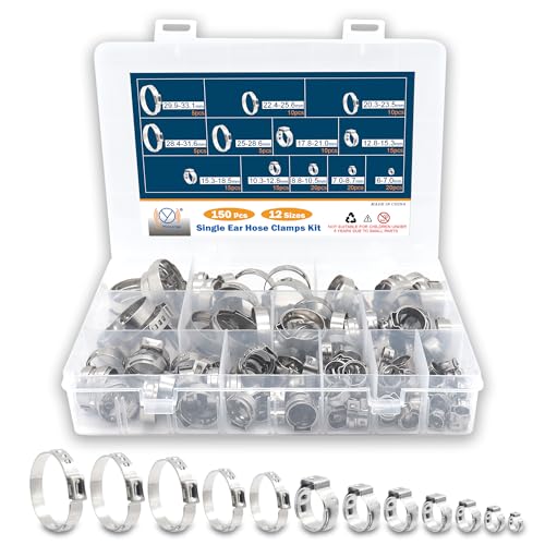 DIYoung Kit de 150 Simple Colliers de Serrage Oreille en Acier Inoxydable 304 (6-33.1 mm) Réglable,Pour Tuyauterie, Sanitaire et Automobile (12 Tailles)