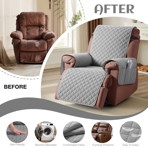 Image of KinCam 100% Waterproof Recliner Chair Cover, Reclining Couch Covers for Pets, Dogs, Recliner Couch Slipcover Furniture Protector with Elastic Straps for Kids(28 inch, Light Gray)