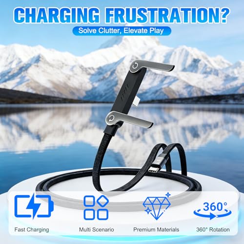 Image of Sideways Phone Charger, 2-in-1 Invisible Holder Charger Cable,Invisible Holder Charger Cable with 360 Adjustable Metal Stand, 240w Fast Charging Cord with Built-in Phone Stand for Smartphones Tablets