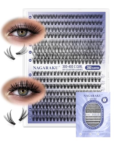 NAGARAKU Pestañas Individuales 30D 40D Mega Volumen DIY Set 280 Cluster Naturales Racimos de Pestañas Gruesas y Esponjosas Banda Delgada para Principiantes Negro 14 Filas Caja XL (0.07mm C 9-15mm)