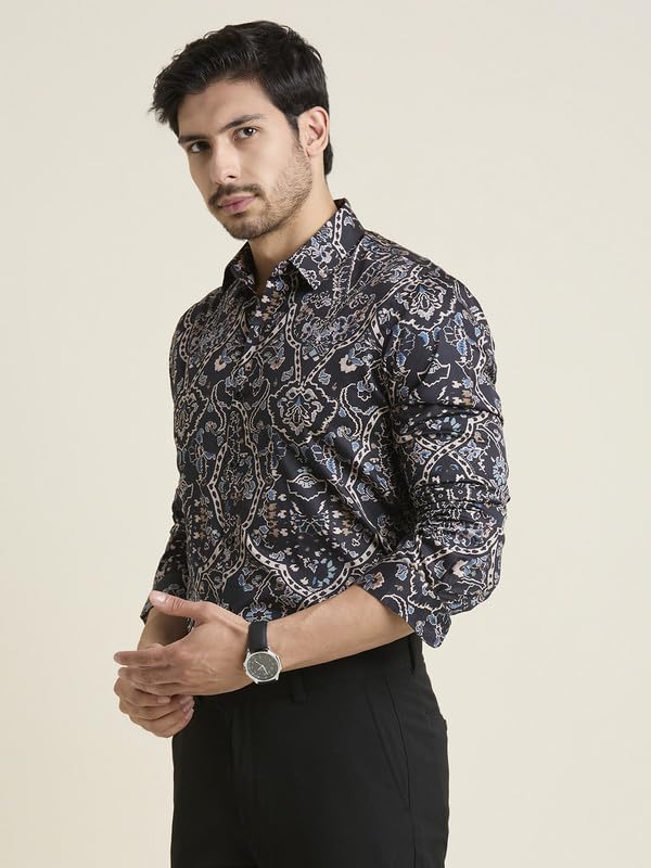 Image of MARK & ALBERT Men's Printed Full Sleeves Regular Fit Shirt Blue | 100% Cotton Stretchable Fabric