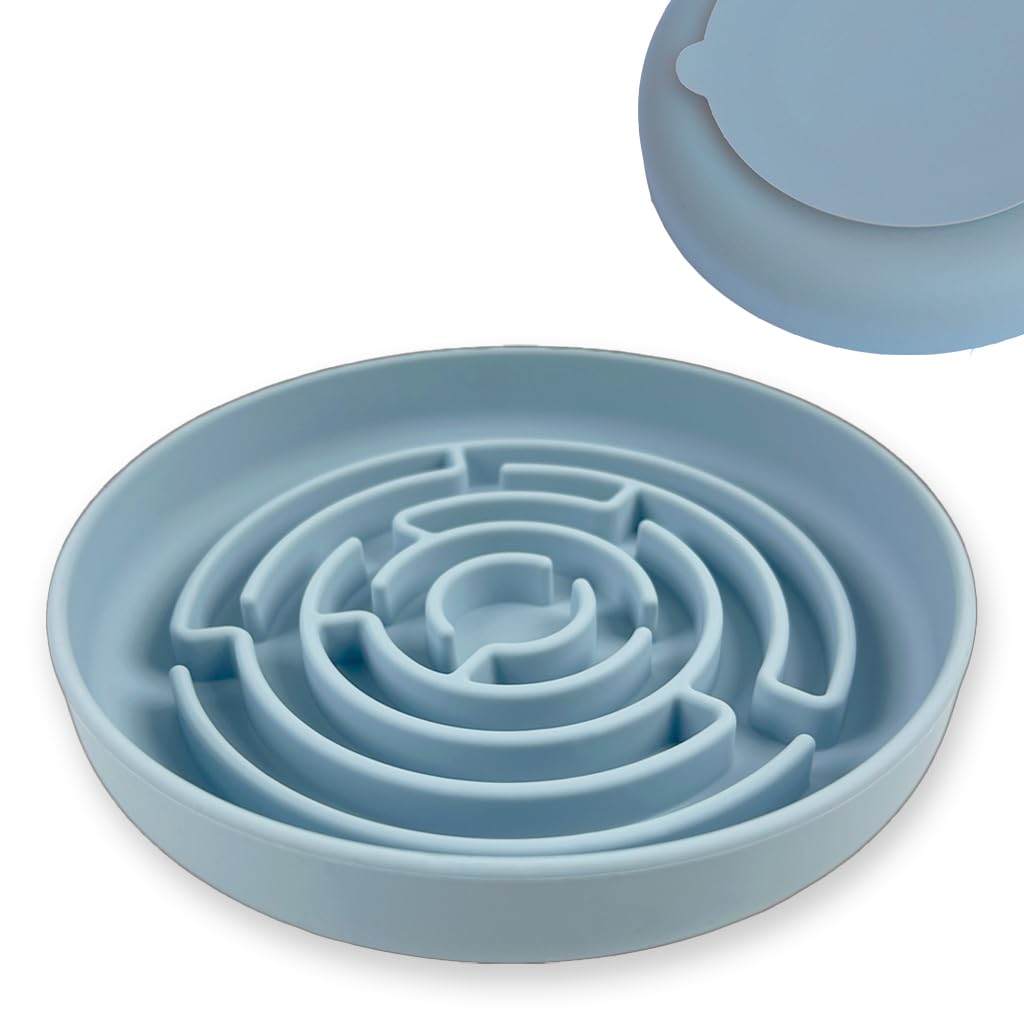 Slow Feeder Dog Bowl Large 19 cm | Food Bowl for Cats & Puppy | Anti-Gulp Anti-Chocking Non-Spill with Strong Suction Base | Up to 10x Slow Eating | New Maze Design (Blue)