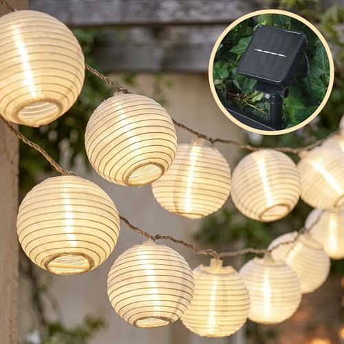 CozyHome Lampions Solar Lichterkette außen wetterfest - 20 Lampion LEDs & 7 Meter mit 8 Modi & Timer | Warm-weiß Outdoor-Lichterkette Solarlampen für außen Solarlichterkette Balkon Camping Beleuchtung