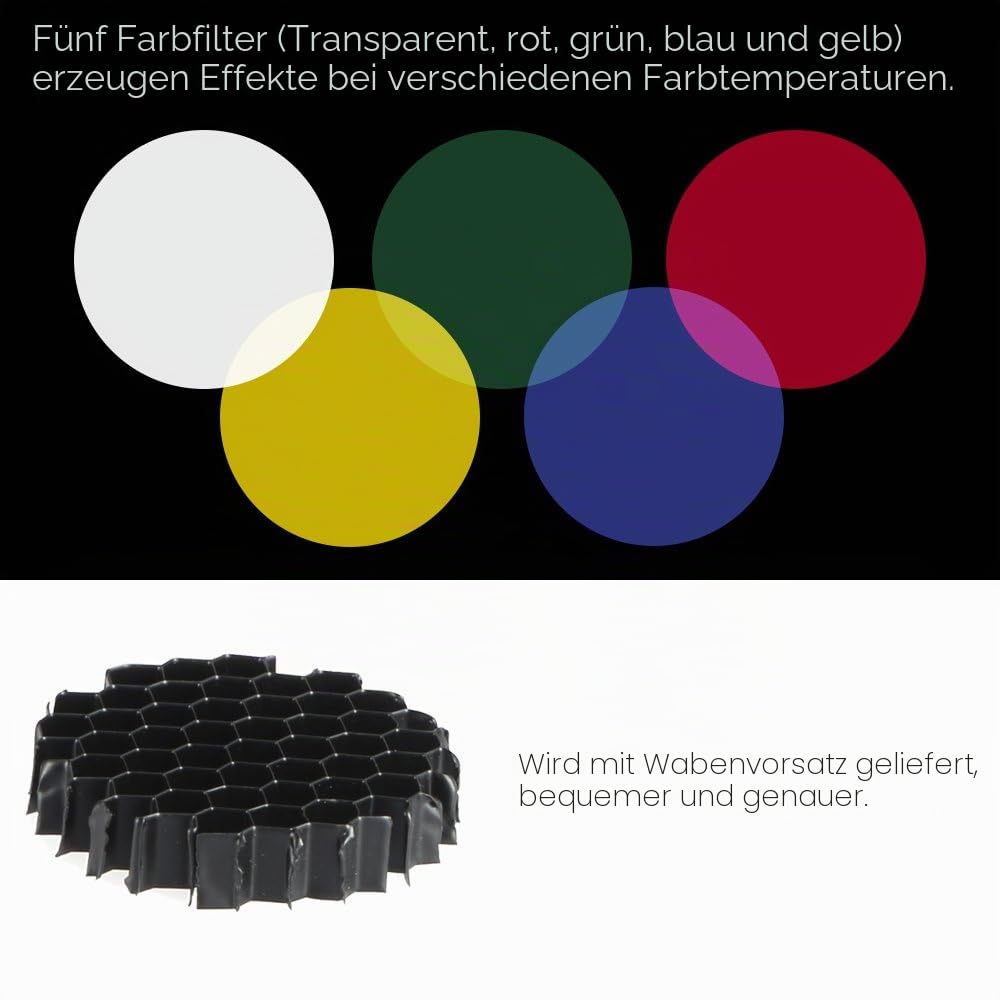 Andoer Foto-Beleuchtung Monolights Bowens Mount Snoot Optischer Snoot Metall konischer Snoot mit Wabengitter 5-teiliges Farbfilter-Set für Bowens Mount Studio Strobe Monolight Fotografie Blitz