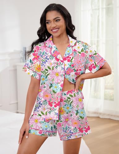 Image of SHESHOW Satin Pajamas for Women Set Preppy Animals Pjs Short Sleeve Shorts 2 Piece Loungewear Sets XS-XXL