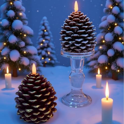 2 Stück Flammenlose Tannenzapfenkerzen, Flackernde Echtwachs Tannenzapfenkerzen, Weihnachten Tannenzapfen Kerze Flammenlos, LED Echtwachskerzen mit flackerndem Licht für Party, Weihnachtsdekoration – Bild 2