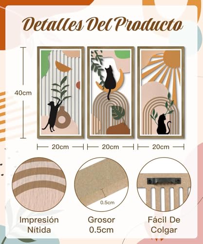 Miniatura 2 de Putuo Decor Set De Decoración Boho De Pared Juego De 3 , Arte Mural Boho De Gatos Abstracto, Decoración De Pared Negra Estilo Mid-Century Modern Para Amantes De Los Gatos, Hogar Dormitorio Oficina