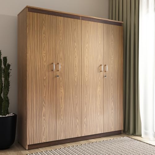 Image of Coral 4 Door Wardrobe | Engineered Wood | Mexican Walnut Finish | Hanging Rods, Shelves | Modern Storage Solution for Bedroom | Knock-Down Assembly | 3-Year Warranty