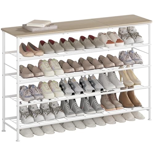 Image of SUOERNUO Shoe Rack Organizer 5 Tier for Closet Entryway Free Standing Metal Storage Shoe Shelf with MDF Top Board (White+Oak, Large 5 Tier)