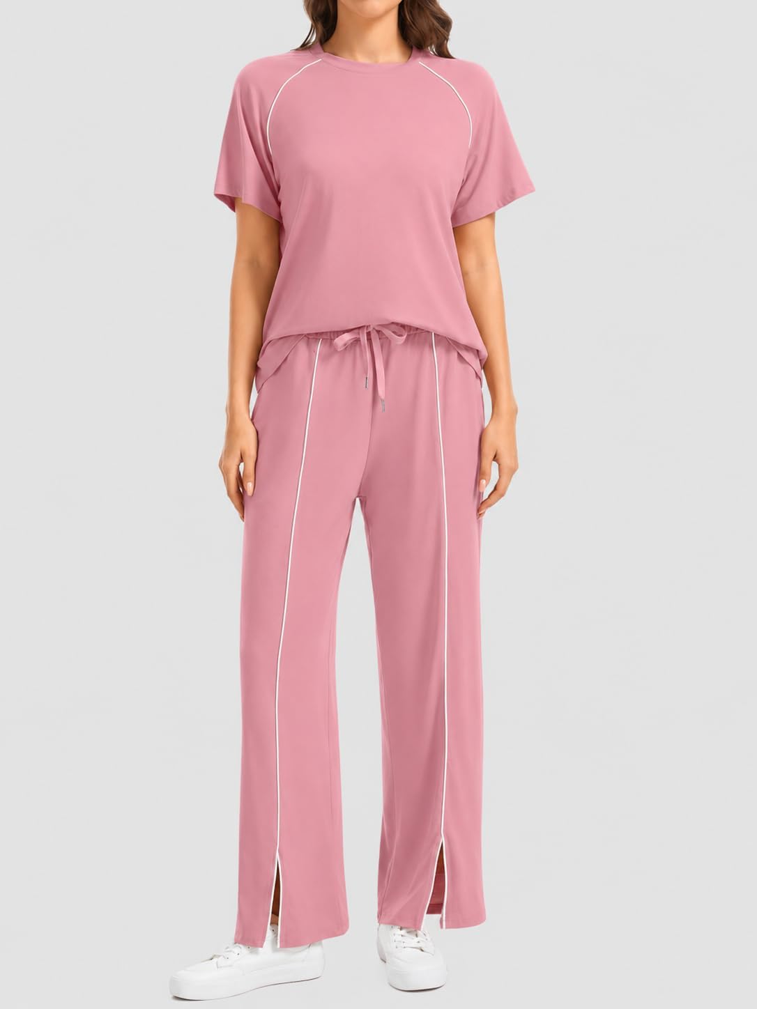 imbpceu Women's Two Piece Sets Casual Short Sleeve Top Wide Leg Pants Summer Matching Sweatsuit