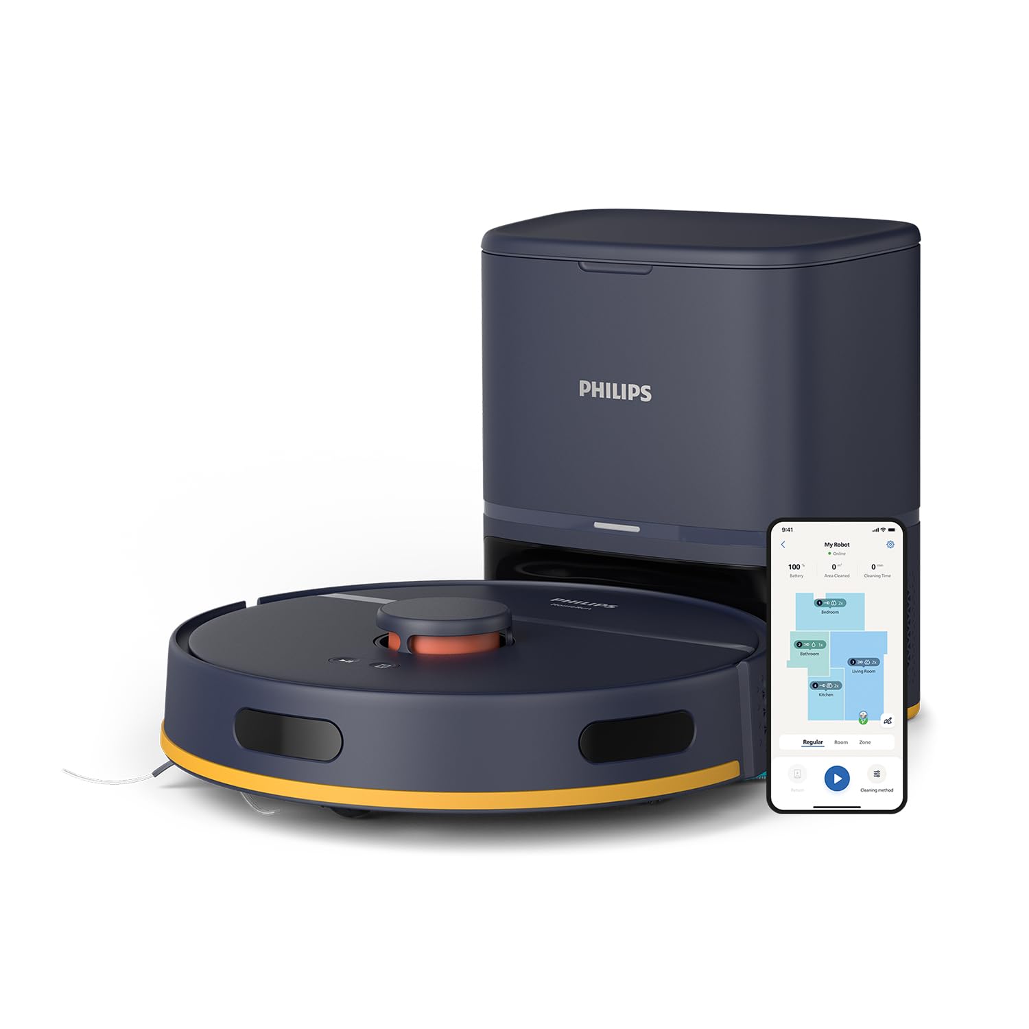 Philips HomeRun seria 2000: Robot Odkurzający i mop 2w1 o mocy ssania 2700 Pa i czasie pracy 130 min, z nawigacją laser., samo-opróżnianą stacją, z aplikacją, kolor ciemnoniebieski (XU2100/10)
