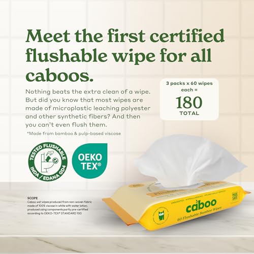 Caboo Tree Free Flushable Wipes, Certified Flushable, Septic Safe, Biodegradable, Chemical Free, Unscented Wipes for Adults made with Renewable Bamboo Based Viscose (Pack of 3, Total of 180)