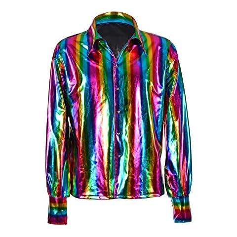 One BFD Mens Shiny Metallic 70s Shirt with Concord Collar and Long Baggy Sleeves one Size fits All Hand wash in Cold Water Available in Silver, Gold and Rainbow. (Rainbow) Cover