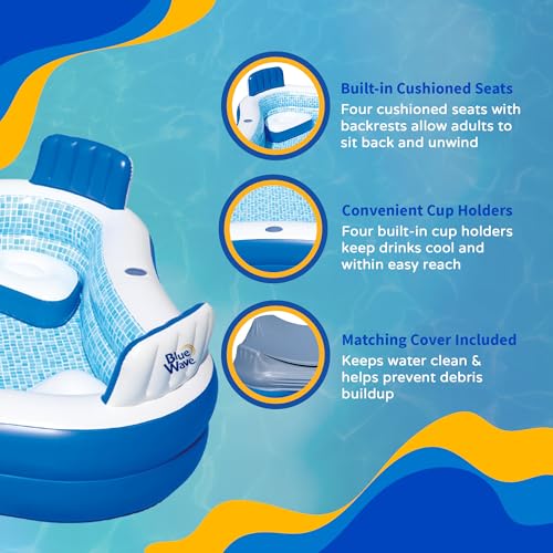 Image of Blue Wave Premier Family Inflatable Pool with Seats - 88-in x 88-in x 26-in Four-Seater Pool for Backyard Fun - Durable 4-Person Inflatable Pool with Cover, Drain Plug & Repair Patch
