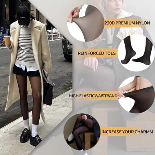 Image of X-CHENG 3 Pairs Fleece Lined Tights - Winter Warm Fake Translucent Tights Sheer Thermal Pantyhose Leggings for Women