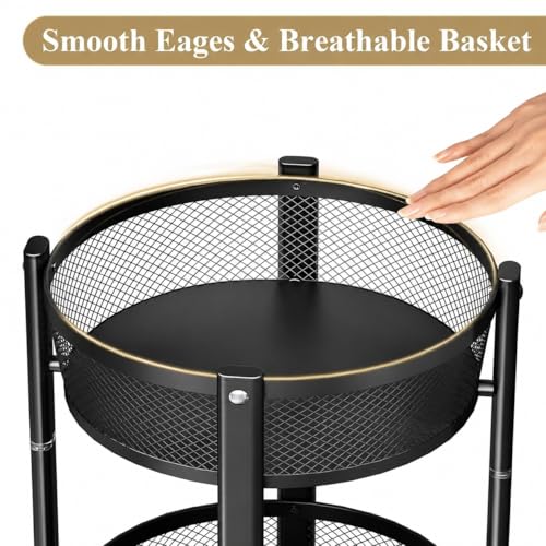 Image of JD FRESH 3-Tier Foldable Rolling Storage cart /Metal Utility Storage Trolly with Lockable Wheels /Assembly-Free and Versatile Serving Organizer Trolley for Kitchen, Bathroom or Living Room (Black)