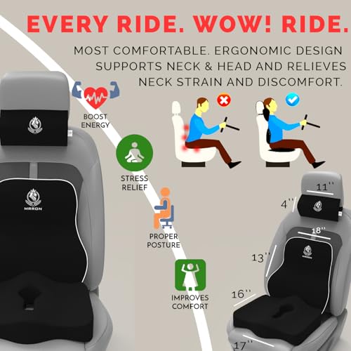 Image of MRRON Neckrest Back Support or Coccyx Orthopaedic Cushion for Long Sitting Universal fit with Ergonomic Design Made by High Density Memory Foam Used for Car or Office Chairs. (Black, Long Back)