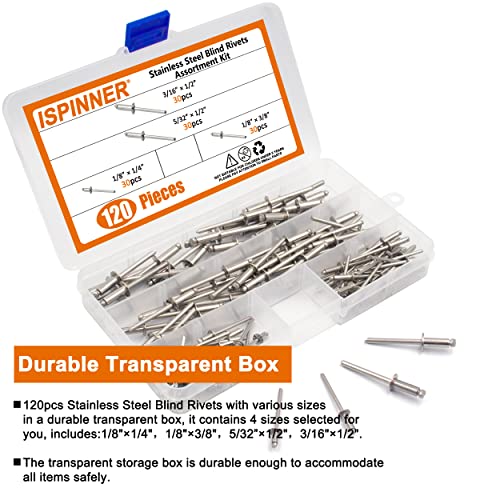 Rivets aveugles en acier inoxydable 304 ISPINNER coffret de 120 pièces pour assemblage fixe