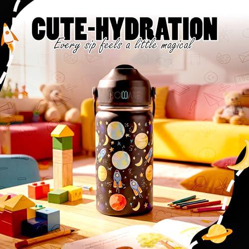 Image of Rioware water bottle for Kids girls boys School Insulated Stainless Steel 350ml Upto 12 Years | Double Wall Vacuum | 24 Hrs Cold & 12 Hrs Hot | Leakproof Flip Top with Straw | Carry Loop - Black