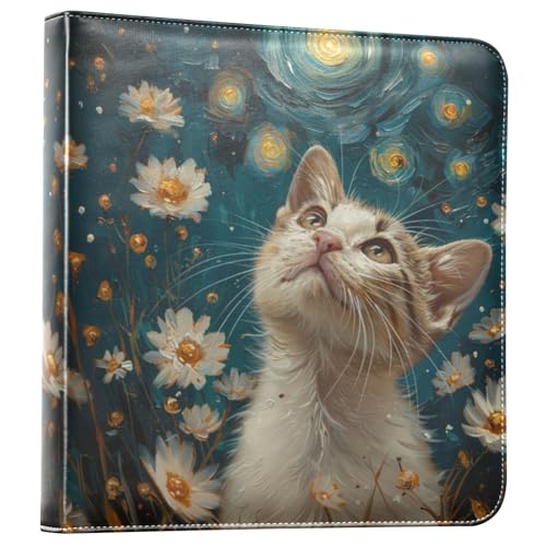 JIPONI Cat Van Gogh Daisy Large Photo Album, DIY Leather Cover Scrapbook Albums for 4x6 5x7 6x8 Pictures, Self Adhesive Memory Book for Wedding, Baby, Family