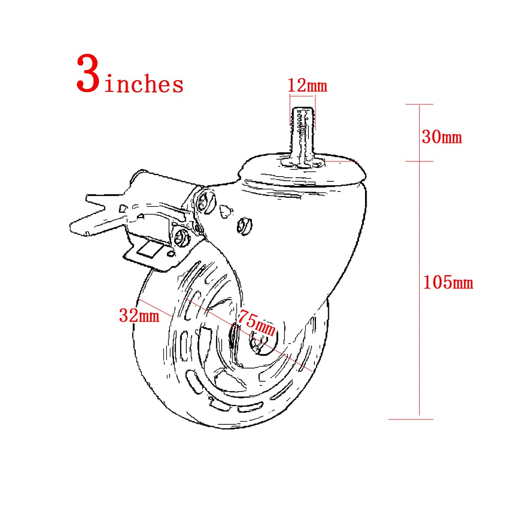 Ruote girevoli con filettatura M12 per mobili, 3, 4, 5 ruote resistenti, 360 kg-480 kg, silenziose, in poliuretano, con freno, girevoli, per carrelli da trasporto industriali e ospedali, 4 pezzi (aran