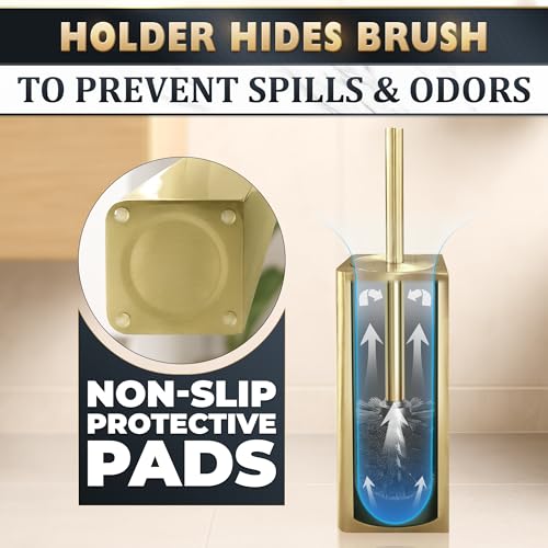 Image of Gold Toilet Brush and Holder Set - Instantly Elevate Your Bathroom Style - Stainless Steel Toilet Bowl Brush and Holder with 2 Rounded Corners, Replaceable Head, Removable Inner Bowl & Splash Guard