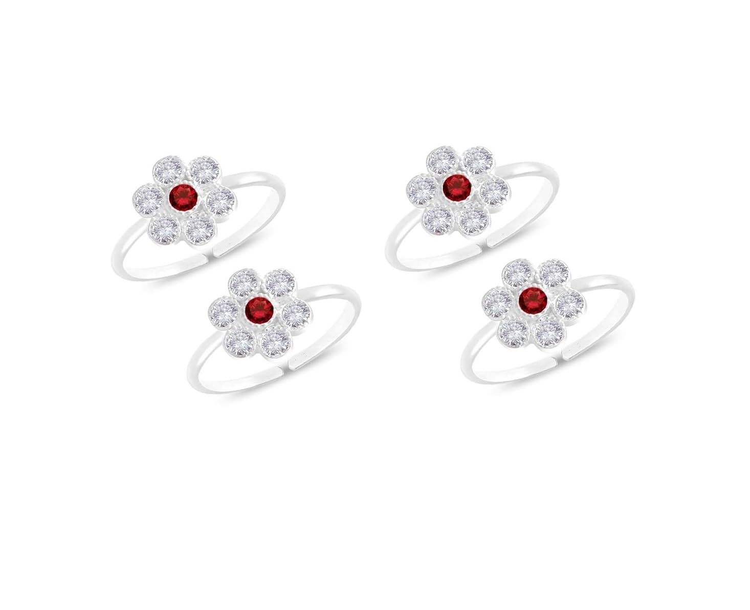 Floral Toe Ring for Women, Clear and Red Crystal, 925 Hallmark, Adjustable Size-picture-10