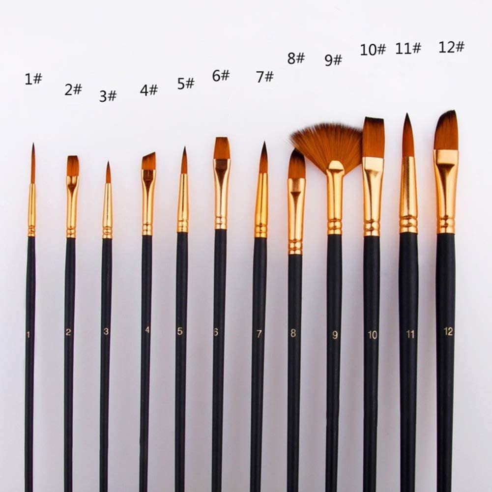XBTGS Juego de 12 pinceles de pintura acrílica, paleta de pintura gouache, kit de arte cosmético, bolígrafos de dibujo para acuarela, lienzo, manualidades, detalles y pintura al óleo, negro, negro