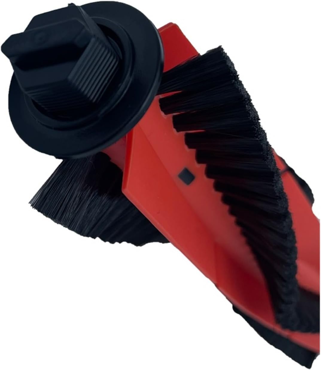 Close-up of a red and black main brush for robot vacuum