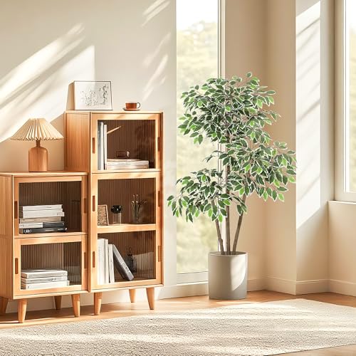 GarveeHome 5ft Artificial Ficus Tree,Tall Faux Floor Plant with White Tall Planter -Fake Plants for Home Decor Indoor with 3 Natural Trunks & White-Edged Leaves,Faux Greenery Tree for Garden Decor
