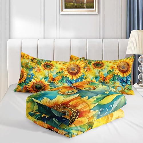 Image of AILONEN Sunflower Floral Twin Size Comforter Set,Butterfly Bedding Sets for Girls,Women Bedroom Decor,Soft Microfiber 3-Piece,1 Quilt + 2 Pillowcase