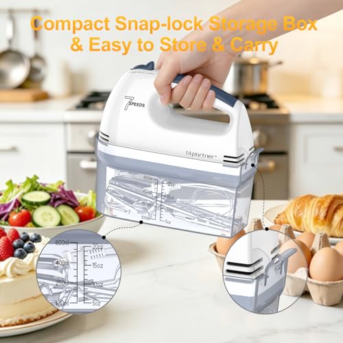 Image of LILPARTNER Electric Hand Mixer with Storage Box, Ultra Power Kitchen Hand Mixer With 7-Speed & 5 Stainless Steel Accessories for Whipping Dough, Cream, Cake, Dishwasher Safe, LIGHT WHITE BOX