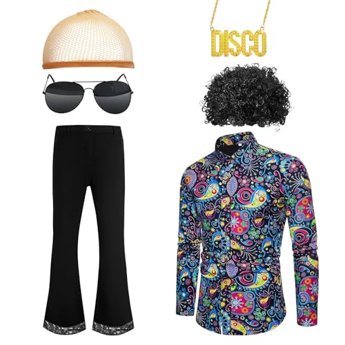 Malloom 70s Fancy Dress Mens 6 Pcs Disco Hippie Costume Set with Printed Shirt Flare Pants & Retro Accessories 60s 70s Theme Party Outfit for Adults (XL)