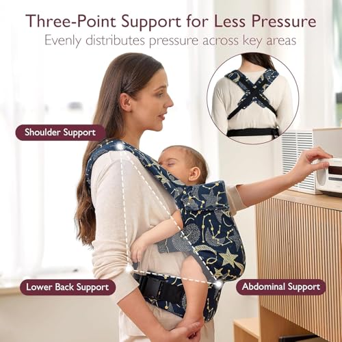 Image of Momcozy PureHug Baby Carrier-Ergonomic, Cozy & Lightweight for 3.2-20.4 kg | Easy to Put On, IHDI Hip-Healthy, 3D EVA Lumbar Support, X-Straps for Even Weight Distribution, 100% Cotton, Starry Night