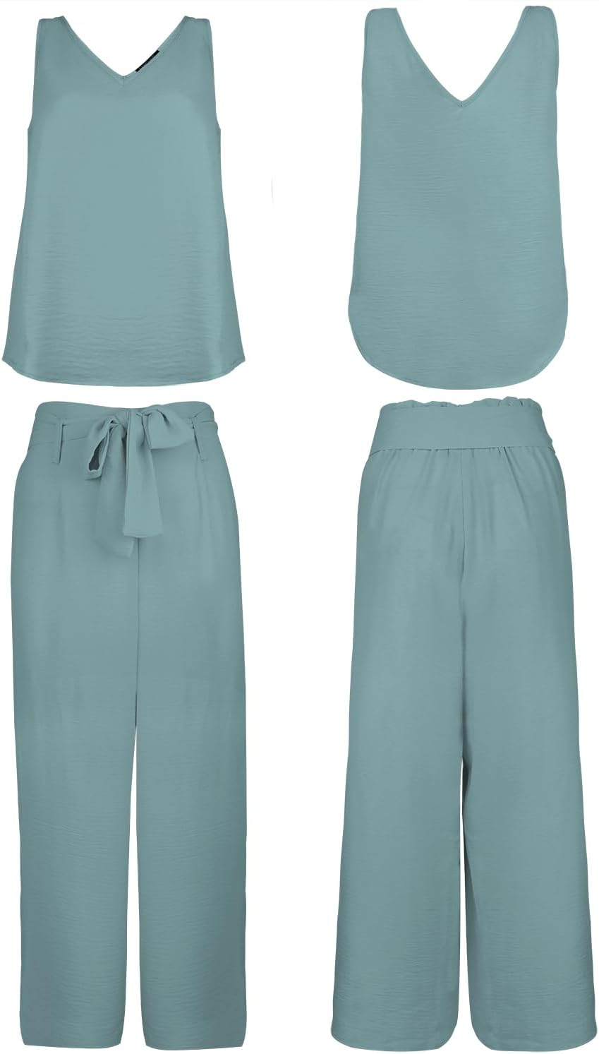 FANCYINN Womens 2 Piece Set V Neck Tank Wide Strap Tops High Waisted Cropped Paper Bag Pants with Belt - Image 6