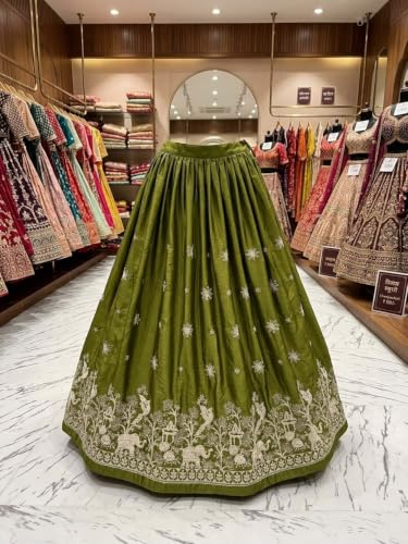 Image of Women's Chinon Lehenga Choli with Dupatta Set | Sleeveless Square Neck Embroidered Ethnic Lehenga Choli for Wedding, Festival and Party