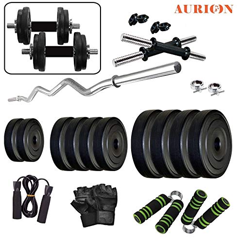 Image of Aurion by 10club GRH2-C3-W16kg 16kg PVC Home Gym Combo with Skipping Rope, Hand Grip and Gym Gloves Special Combo Pack